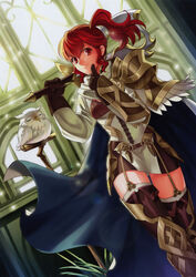  absurdres anna_(fire_emblem) armor armored_dress artist_request axe belt bird capelet feh_(fire_emblem_heroes) female fire_emblem fire_emblem_cipher fire_emblem_heroes garter_straps gimp_(medium) gloves gold_armor highres official_art over_shoulder owl ponytail red_eyes red_hair thighhighs weapon weapon_over_shoulder zettai_ryouiki 