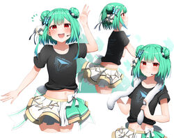  :d absurdres alternate_universe black_shirt blush bow_skirt butterfly_hair_ornament closed_mouth cropped_legs double_bun female fur_scarf green_hair hair_bun hair_ornament hair_ribbon highres hololive hololive_idol_uniform layered_skirt long_hair looking_at_viewer microphone midriff multiple_views navel official_alternate_costume open_mouth pepushi_drow pleated_skirt print_skirt red_eyes ribbon shirt short_sleeves sidelocks simple_background skirt smile t-shirt teeth upper_teeth_only uruha_rushia virtual_youtuber white_background white_skirt 