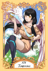  absurdres belt black_hair breasts brown_dress chalice collarbone commentary_request cup dress english_text feathered_wings female girls&#039;_frontline heterochromia highres long_hair looking_at_viewer multicolored_hair open_mouth over-kneehighs red_eyes ro635_(girls&#039;_frontline) roman_numeral simple_background solo stigmamyu tarot tarot_(medium) temperance_(tarot) thighhighs twintails water wings yellow_eyes 