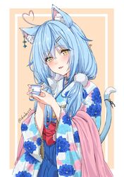  absurdres ahoge animal_ear_fluff animal_ears blue_hair blue_kimono blue_nails blue_skirt blush bow cat_ears cat_tail colored_tips commentary cowboy_shot cup earrings female floral_print furisode fuusuke_(fusuke208) hair_between_eyes hair_ornament hairclip hakama hakama_skirt heart heart_ahoge highres holding holding_cup hololive japanese_clothes jewelry kemonomimi_mode kimono light_blue_hair long_hair looking_at_viewer multicolored_clothes multicolored_hair multicolored_kimono nail_polish obi official_alternate_hairstyle open_mouth pink_background pink_kimono pleated_skirt pointy_ears red_bow sash simple_background skirt smile solo streaked_hair tail teacup twintails twitter_username virtual_youtuber white_kimono wide_sleeves yellow_eyes yukihana_lamy yukihana_lamy_(new_year) 