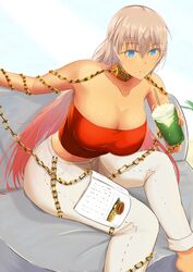  absurdres blue_eyes breasts burger chains cleavage collar couch crop_top drink drinking_straw fate/grand_order fate_(series) female food french_fries gold_chain grey_hair highres jewelry large_breasts long_hair looking_at_viewer magazine_(object) midriff multicolored_hair on_couch open_mouth oretacinoyamato pants pink_hair solo tan tank_top tight_clothes tight_pants zenobia_(fate) 