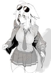  absurdres ahoge asimo_(hakurei10201) aviator_sunglasses bad_id bad_pixiv_id black_skirt blazer breasts closed_mouth eyewear_on_head female girls&#039;_frontline greyscale highres jacket large_breasts long_hair looking_to_the_side m1918_(girls&#039;_frontline) monochrome necktie pleated_skirt skirt solo sunglasses thighhighs 