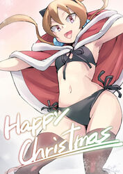  alisa_southerncross bikini black_bikini blonde_hair breasts brown_thighhighs capelet commentary_request contrapposto earrings female fur-trimmed_capelet fur_trim jelly_shrimp jewelry keroro_gunsou large_earrings merry_christmas navel open_mouth outstretched_arms red_capelet red_eyes side-tie_bikini_bottom signature small_breasts smile solo swimsuit thighhighs twintails 