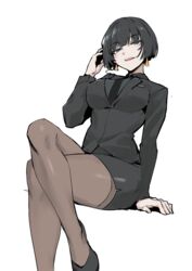  adjusting_hair allmind_(armored_core_6) arm_support armored_core armored_core_6 black_eyes black_hair black_jacket black_necktie black_skirt breasts crossed_legs earrings female highres jacket jewelry large_breasts las91214 long_sleeves necktie office_lady pantyhose pencil_skirt personification sitting skirt smirk solo tsurime white_background 