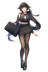  :d absurdres azur_lane bag black_footwear black_hair black_pantyhose black_serafuku black_shirt black_skirt blunt_bangs blush bow breasts brown_eyes chinese_commentary commentary_request crop_top female fingernails full_body hairband hairbow highres large_breasts loafers long_fingernails long_hair long_sleeves looking_at_viewer md5_mismatch midriff midriff_peek miniskirt nail_polish navel neckerchief official_alternate_costume open_mouth pantyhose pink_nails pleated_skirt ponytail school_bag school_uniform serafuku shirt shoes skirt smile solo takao_(azur_lane) takao_(school_romanza)_(azur_lane) very_long_hair white_bow white_hairband white_neckerchief wu_ganlan_cai 