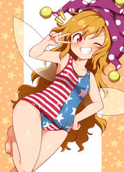  ;d adapted_costume american_flag american_flag_swimsuit barefoot blonde_hair blue_one-piece_swimsuit blush breasts clownpiece commentary_request covered_navel fairy_wings feet female grin harusame_(unmei_no_ikasumi) hat jester_cap long_hair looking_at_viewer one-piece_swimsuit one_eye_closed open_mouth orange_background polka_dot purple_hat red_eyes red_one-piece_swimsuit small_breasts smile solo star_(symbol) star_print starry_background swimsuit toes touhou transparent_wings two-tone_background v white_background wide_hips wings 