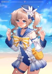  anchor_symbol animal_bag barbara_(genshin_impact) barbara_(summertime_sparkle)_(genshin_impact) bare_shoulders beach bird blue_choker blue_eyes blue_one-piece_swimsuit blue_sailor_collar blue_sky blush bow casual_one-piece_swimsuit choker covered_navel cowboy_shot day detached_sleeves drill_hair duck duck_print english_commentary fanbox_username female flower frilled_one-piece_swimsuit frills genshin_impact hair_flower hair_ornament hands_up hat long_hair long_sleeves nose_blush o-ring o-ring_thigh_strap ocean official_alternate_costume one-piece_swimsuit open_mouth outdoors patreon_logo raised_eyebrows sailor_collar sailor_hat sand shrimp_cake sky solo swimsuit thigh_strap twin_drills twintails two-tone_bow water wavy_mouth web_address white_bow white_flower white_hat white_sleeves 