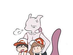  1boy anger_bein ayumi_(pokemon) baseball_cap black_hair brown_hair commentary creature english_commentary female gen_1_pokemon hat kakeru_(pokemon) legendary_pokemon long_hair mewtwo pokemon pokemon_(creature) pokemon_(game) pokemon_lgpe ponytail serious simple_background spiked_hair white_background 