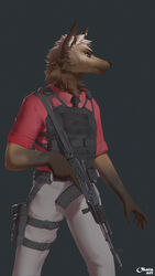  absurd_res african_wild_dog anthro assault_rifle bulletproof_vest canid canine clothed clothing front_view gun handgun hi_res holster holstered_pistol male mammal okata ranged_weapon rifle solo standing trigger_discipline weapon 