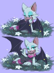  anthro armwear bay benshir125 blue_eyes blush bodysuit breasts brown_body brown_fur cleavage clothed clothing covering covering_self elbow_gloves female flower fur gloves grass handwear hi_res hotel_transylvania looking_at_viewer membrane_(anatomy) membranous_wings plant pregnant pregnant_female reveal rouge_the_bat sega simple_background skinsuit smile solo sonic_the_hedgehog_(series) tight_clothing white_body white_fur wings 