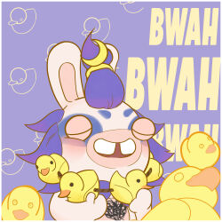  1:1 absurd_res anthro beard blue_beard blue_facial_hair blue_hair blush bodypaint border buckteeth bust_portrait closed_eyes colored_line_art digital_drawing_(artwork) digital_media_(artwork) face_paint facial_hair flat_colors fur hair happy hi_res holding_jewelry holding_necklace holding_object jewelry lagomorph long_ears male male_anthro mammal mitten_hands multicolored_body necklace official_art open_mouth open_smile orange_line_art pattern_background portrait rabbid rabbid_sandy rabbids:_party_of_legends raving_rabbids rayman_(series) rubber_duck shaded simple_background smile solo tan_body tan_eyelids tan_inner_ear tan_skin teeth text two_tone_body ubisoft unknown_artist white_body white_border white_fur yellow_hair_tie 