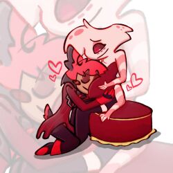  alastor_(hazbin_hotel) angel_dust angelplushed anthro black_sclera duo fur hair hazbin_hotel head_on_belly heart_symbol hellaverse hi_res kneeling looking_at_another looking_at_partner male male/male pink_body pink_fur pregnant pregnant_anthro pregnant_male red_eyes red_hair sitting striped_body striped_fur stripes white_body white_fur 