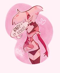  2025 angel_dust angelplushed anthro bow_tie dialogue digital_drawing_(artwork) digital_media_(artwork) english_description english_text fetal_movement hand_on_belly hazbin_hotel heart_symbol hellaverse hi_res male multi_arm multi_limb pregnant pregnant_anthro pregnant_male red_eyes smile solo speech_bubble text 