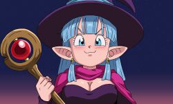  5:3 aokushan big_breasts breasts bulma_briefs cleavage clothed clothing dragon_ball dragon_ball_z ear_piercing ear_ring elf female hi_res humanoid piercing pointy_ears ring_piercing solo staff witch_costume 