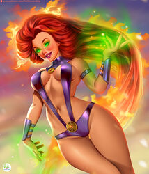  1girls 5_fingers alien alien_girl artist_name belly big_breasts blush breasts busty cleavage clothed clothing color colored costume curvaceous curvy dc dc_comics didi_esmeralda english english_text eyebrows eyelashes female female_focus female_only fire_hair flying glowing_eyes green_eyes hair happy highres humanoid humanoid_hands koriand&#039;r lipstick long_hair looking_at_viewer makeup navel orange_skin pink_lips pink_lipstick pinup red_hair redhead skimpy smile smiling solo solo_female solo_focus starfire superhero superheroine tamaranean teen_titans teeth text thigh_gap thin_waist uncensored url very_long_hair voluptuous 