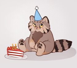  birthday_cake blush cake candle clothing dessert felid feline food hat headgear headwear hi_res looking_at_viewer magayser mammal pallas&#039;s_cat party_hat pawpads semi-anthro sitting solo 