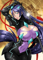  armor black_armor black_bodysuit black_eyes black_eyeshadow black_horns bodysuit breasts cleavage cosplay curvy dark_persona eyeshadow fate/grand_order fate_(series) female horns huge_breasts large_breasts long_hair low_ponytail makeup minamoto_no_raikou_(fate) naughty_face purple_bodysuit purple_hair sheath unsheathing ushi_gozen_(avenger)_(fate) ushi_gozen_(fate) ushi_gozen_(fate)_(cosplay) very_long_hair yukiyanagi 