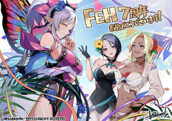  2girls anniversary bare_shoulders bikini black_one-piece_swimsuit blonde_hair blue_eyes breasts casual_one-piece_swimsuit catherine_(fire_emblem) catherine_(summer)_(fire_emblem) cleavage dark-skinned_female dark_skin english_text fairy_wings fire_emblem fire_emblem:_three_houses fire_emblem_heroes flower grey_hair hair_flower hair_ornament kainown large_breasts long_hair multiple_girls navel official_alternate_costume official_art one-piece_swimsuit plumeria_(fire_emblem) plumeria_(rapturous_dream)_(fire_emblem) pointy_ears purple_eyes shamir_nevrand shamir_nevrand_(summer) short_hair swimsuit wings 