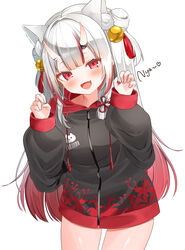  absurdres alternate_costume animal_ears bell blush cat_ears double_bun extra_ears female gradient_hair grey_hair hair_bell hair_between_horns hair_bun hair_ornament highres hololive hood hood_down hooded_jacket horns jacket jingle_bell long_hair looking_at_viewer multicolored_hair nakiri_ayame oerba_yun_fang ohagetty open_mouth paw_pose red_eyes red_hair simple_background skin-covered_horns skin_fang solo streaked_hair virtual_youtuber white_background zipper_pull_tab 