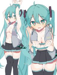  absurdres ahoge aqua_eyes aqua_hair aqua_necktie aqua_trim armpits arms_up bare_shoulders black_skirt blush bound breasts cleavage closed_mouth collarbone collared_shirt double-parted_bangs feet_out_of_frame female grey_shirt hair_between_eyes hatsune_miku heart heart-shaped_pupils highres lace-trimmed_shirt lace_trim leaning_forward long_hair looking_at_viewer medium_breasts miniskirt navel necktie necktie_around_wrists no_bra nose_blush number_tattoo open_clothes open_mouth open_shirt pleated_skirt projected_inset shirt simple_background skindentation skirt sleeveless sleeveless_shirt sweat symbol-shaped_pupils tattoo thigh_gap thighhighs tsuchinoko_(tutituti0125) twintails unbuttoned very_long_hair vocaloid wavy_mouth white_background zettai_ryouiki 