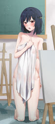  absurdres art_room blush bob_cut breasts canvas_(object) chalkboard collarbone covering_privates easel female furrowed_brow hair_between_eyes hair_ribbon highres indoors kneeling looking_at_viewer love_live! love_live!_nijigasaki_high_school_idol_club lowlight1010 medium_breasts mifune_shioriko modeling nude nude_cover nude_modeling oerba_yun_fang open_mouth red_eyes ribbon short_hair solo yellow_ribbon 