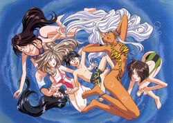  1990s_(style) 1boy 5girls animal_print anklet belldandy bikini black_hair blonde_hair bracelet brown_hair casual_one-piece_swimsuit earrings facial_mark forehead_mark honda_takeshi jewelry long_hair male_swimwear mishima_sayoko morisato_keiichi morisato_megumi multiple_girls official_art oh_my_goddess! one-piece_swimsuit purple_bikini retro_artstyle short_hair skuld_(aa_megami-sama) slingshot_swimsuit striped_clothes striped_one-piece_swimsuit swim_trunks swimsuit tiger_print two-tone_swimsuit underwater urd_(aa_megami-sama) white_hair 