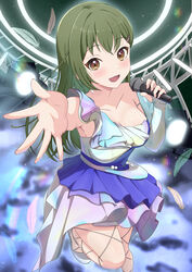  absurdres blue_dress breasts brown_eyes cleavage collarbone crying crying_with_eyes_open dress falling_feathers feathers female fingerless_gloves gloves green_hair highres holding holding_microphone layered_dress leg_up link!_like!_love_live! long_hair looking_at_viewer love_live! medium_breasts microphone multicolored_clothes multicolored_dress offering_hand oogami_sachi open_mouth reaching reaching_towards_viewer single_glove solo stage_lights tears tsubasa_la_liberte_(love_live!) upper_body white_dress white_footwear white_gloves zanpon 