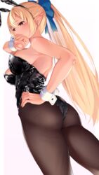  absurdres animal_ear_hairband animal_ears ass bare_shoulders black_leotard blonde_hair blue_bow bow breasts commentary dark-skinned_female dark_elf dark_skin elf fake_animal_ears female hairband hairbow hand_on_own_hip high_ponytail highres hololive kurogane_tekki large_breasts leotard long_hair pantyhose playboy_bunny pointy_ears ponytail rabbit_ear_hairband rabbit_ears red_eyes shiranui_flare solo very_long_hair virtual_youtuber wrist_cuffs 