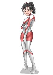  absurdres black_eyes black_hair blush bodysuit breasts cosplay embarrassed female full_body hakuino_hakase high_ponytail highres looking_at_viewer medium_hair multicolored_bodysuit multicolored_clothes open_mouth original red_bodysuit shadow silver_bodysuit simple_background skin_tight solo standing ultra_series ultraman ultraman_(1st_series) ultraman_(cosplay) ultraman_suit white_background 