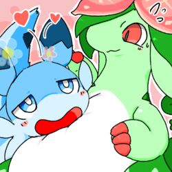  1:1 ambiguous_gender anthro ardest belly blue_body blue_eyes blush chillet dinossom duo flower green_body heart_symbol low_res overweight pal_(species) palworld plant pocketpair smile 