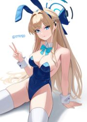  absurdres animal_ear_hairband animal_ears aqua_bow aqua_bowtie arm_support bare_shoulders blonde_hair blue_archive blue_bow blue_eyes blue_hairband blue_halo blue_leotard bow bowtie breasts cleavage closed_mouth commentary covered_navel detached_collar earpiece fake_animal_ears female hair_intakes hairband halo highleg highleg_leotard highres korean_commentary leotard long_hair looking_at_viewer medium_breasts official_alternate_costume playboy_bunny rabbit_ear_hairband rabbit_ears sitting skindentation solo strapless strapless_leotard syc2159 thighhighs thighs toki_(blue_archive) toki_(bunny)_(blue_archive) twitter_username v white_thighhighs white_wrist_cuffs wrist_cuffs 