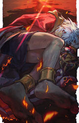  1boy absurdres ankle_cuffs barefoot burning dated_commentary feet fetal_position fire full_body half-closed_eyes highres looking_ahead lying male_focus millennium_ring multiple_scars on_side parted_lips purple_eyes red_robe robe scar scar_on_face soles solo sparks tan touzokuou_bakura white_hair white_scars xiao_(creation0528) yu-gi-oh! yu-gi-oh!_duel_monsters 