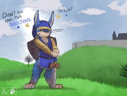  4:3 anthro ascot_the_herro_(geno28) blue_clothing bottomless closed_eyes clothed clothing day detailed_background dialogue english_text geno28_(artist) grass hat headgear headwear humor hylian_shield lagomorph leporid male mammal melee_weapon nintendo ocarina_of_time outside plant princess_zelda rabbit shield shirt solo sword sword_in_ground text the_legend_of_zelda topwear town tree tunic watermark weapon 