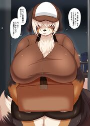  absurd_res anthro big_breasts blush breasts canid canine canis clothed clothing female fur hair hi_res kemono mammal megane_inu solo text translation_check translation_request 