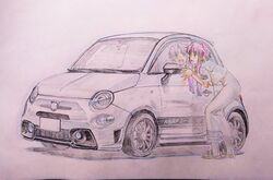  :d abarth aria_(manga) aria_company_uniform blush car cwind dress female fiat fiat_500 fiat_500_abarth hair_tubes impossible_clothes impossible_dress leaning_forward long_dress mizunashi_akari motor_vehicle open_mouth pink_hair reflection sailor_collar short_hair_with_long_locks short_sleeves simple_background smile solo traditional_media vehicle_focus white_dress white_footwear 