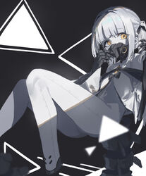  absurdres ass black_mask blue_archive coat colored_skin ein_(blue_archive) extra_pupils female highres long_sleeves loong_(loong_blo) mask mechanical_hands mechanical_tail medium_hair open_clothes open_coat respirator solo symbol-shaped_pupils tail twintails white_coat white_hair white_skin wide_sleeves x-shaped_pupils yellow_eyes 