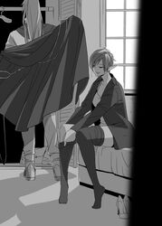  1boy bed cape chisato_madison dias_flac earrings female greyscale high_heels highres jewelry mitsuba_001 monochrome open_mouth pointy_ears short_hair smile star_ocean star_ocean_the_second_story window 