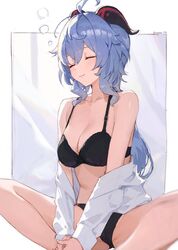  black_bra black_panties blue_hair bow bow_bra bra breasts cleavage closed_eyes curled_horns female ganyu_(genshin_impact) genshin_impact highres horns light_smile long_hair panties pelvis shirt solo sooon spread_legs squeans thighs underwear white_background white_shirt 