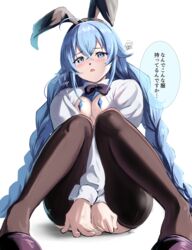  absurdres animal_ears black_bow black_bowtie black_thighhighs blue_eyes blue_hair blue_pasties blush bow bowtie braid breasts collared_shirt covered_nipples covering_crotch covering_privates crossed_bangs crotchless fake_animal_ears female hair_between_eyes highres knees_together_feet_apart long_braid long_hair long_sleeves looking_at_viewer meme_attire mushoku_tensei open_clothes open_mouth open_shirt rabbit_ears reverse_bunnysuit reverse_outfit roxy_migurdia shirt signature simple_background sitting small_breasts solo speech_bubble thighhighs translated twin_braids very_long_hair white_background white_shirt yujin_(kanouyuuto-0423) 