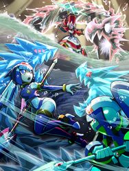  1boy 2girls android battle blue_eyes commentary_request crop_top dragon em_wave_change_(mega_man) fairy_leviathan_(mega_man) hat helmet holding holding_polearm holding_weapon in-franchise_crossover mega_man_(series) mega_man_star_force mega_man_star_force_3 mega_man_zero_(series) mega_man_zero_2 mega_man_zx mega_man_zx_advent model_l_(mega_man) multiple_girls napo polearm power_connection queen_tia_(mega_man) queen_virgo_(mega_man) red_eyes thetis_(mega_man) weapon 