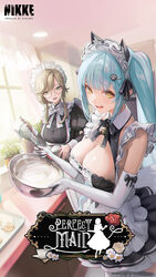  2girls @_@ ade_(nikke) animal_ear_fluff animal_ears apron aqua_hair artist_request black_dress black_ribbon bowl breasts cat_ears cocoa_(nikke) copyright_name curtains day dress elbow_gloves english_text frilled_apron frills glasses gloves goddess_of_victory:_nikke green_eyes green_hair hair_ornament hairclip highres holding holding_bowl holding_whisk indoors juliet_sleeves long_sleeves looking_at_another mixing_bowl multiple_girls official_art open_mouth parted_bangs pink_hair privaty_(nikke) privaty_(unkind_maid)_(nikke) puffy_sleeves purple_eyes raised_eyebrows ribbon second-party_source sunlight swept_bangs teeth twintails upper_teeth_only whisk white_apron white_gloves window yellow_eyes 