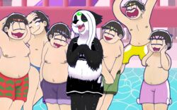  16:10 amusement_park anthro bear bikini black_body black_fur blush bridge brown_nipples choromatsu_matsuno closed_eyes clothing digital_drawing_(artwork) digital_media_(artwork) fur giant_panda group hair hand_on_head hi_res human ichimatsu_matsuno jumping jyushimatsu_matsuno karamatsu_matsuno lunarpanda8686 male mammal mika_(lunarpanda8686) mr._osomatsu nipples one_eye_closed open_mouth open_smile osomatsu_matsuno pool poolside slide smile swimwear tail teeth todomatsu_matsuno ursine water_droplets water_park wet wet_body wet_fur white_body white_fur widescreen wink 