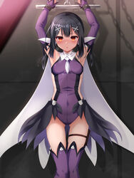  arms_up bare_shoulders black_hair blush boots breasts brown_eyes cape detached_sleeves fate/kaleid_liner_prisma_illya fate_(series) feather_hair_ornament feathers female hair_ornament hairclip highres leotard long_hair looking_at_viewer miyu_edelfelt open_mouth purple_leotard purple_sleeves purple_thighhighs restrained sidelocks small_breasts solo thighhighs thighhighs_under_boots thighs touchuu_kasou twintails white_cape white_footwear 