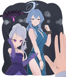  1other 2girls ako_(blue_archive) ako_(dress)_(blue_archive) black_horns blue_archive blue_dress blue_eyes blue_hair blue_halo blush breasts clenched_hand clenched_teeth cuffs dangle_earrings demon_horns dress earrings elbow_gloves gloves glow_(user_hnpv7785) grey_hair hair_between_eyes halo highres hina_(blue_archive) hina_(dress)_(blue_archive) horns jewelry large_breasts long_hair multiple_girls multiple_horns necklace official_alternate_costume official_alternate_hairstyle open_mouth pendant purple_dress purple_eyes purple_gloves shackles sleeveless sleeveless_dress strapless strapless_dress teeth 