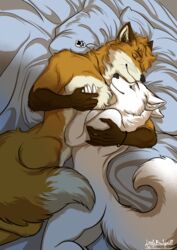  absurd_res anthro arctic_fox armband ass bed bed_sheet bedding biggoodwolf breasts canid canine chest_tuft closed_eyes cuddling curled_hair dipstick_arms dipstick_ears dipstick_tail doppelfoxx duo ear_markings eyelashes female fox fur furniture hair hand_holding hand_on_back hand_on_chest hand_on_shoulder head_tuft hi_res hug jakkals_van_der_bergh_(doppelfoxx) jewelry littlebadwolf male male/female mammal markings multicolored_ears necklace nude orange_body orange_fur pillow side_boob signature tail tail_covering_crotch tail_markings tasteful_nudity the_twines true_fox tuft tyra_bellvue_(doppelfoxx) under_covers whiskers white_body white_fur yellow_body yellow_fur 