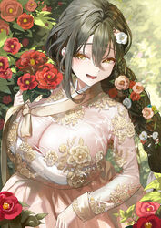  :d black_hair breasts bush chest_sarashi dress egoswans female flower hair_between_eyes hair_flower hair_ornament huge_breasts long_hair open_mouth original pink_flower pink_rose red_flower red_rose rose sarashi smile solo upper_body white_dress white_flower white_rose yellow_eyes 