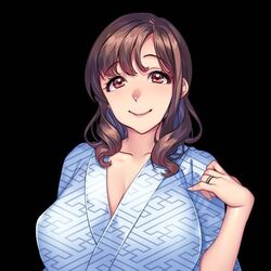  black_background brown_eyes brown_hair female female_focus female_only game_cg huge_breasts kagachi-sama_o_nagusame_matsurimasu_netorare-mura_midarayoru_hanashi kimono looking_at_viewer minamoto orcsoft smiling_at_viewer tomikura_manami wife 