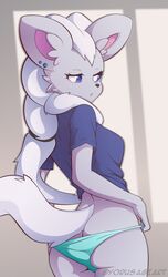  anthro ass back_view cinccino ear_piercing female female_only furry looking_at_viewer panties pok&eacute;mon_(species) pokemon pulling_panties tagme tail yorusagi 