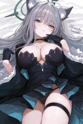  animal_ear_fluff animal_ears black_choker black_dress black_gloves black_panties blue_archive blue_eyes breasts choker cross cross_hair_ornament dark_halo dress female gloves grey_hair hair_between_eyes hair_ornament halo highres inverted_cross large_breasts long_hair looking_at_viewer mismatched_pupils panties shiroko_terror_(blue_archive) solo tateishi_kureha thigh_strap underwear very_long_hair wolf_ears wolf_girl 
