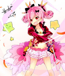  :d bare_legs black_bow black_bra bow bra breasts commentary_request cowboy_shot curly_hair daisy_(flower_knight_girl) dated dual_wielding female flower_knight_girl hairbow holding jacket looking_away midriff miniskirt multiple_hair_bows navel open_mouth photoshop_(medium) pink_hair pink_skirt rapier red_eyes red_jacket short_hair short_twintails skirt small_breasts smile solo star_(symbol) sword twintails underwear weapon yuu-yuu 